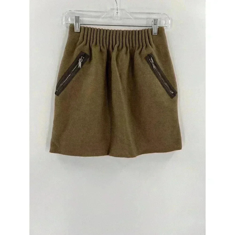 Matthew Williamson Olive Green 100% Wool Skirt Asymmetrical Zipper Design Size 6